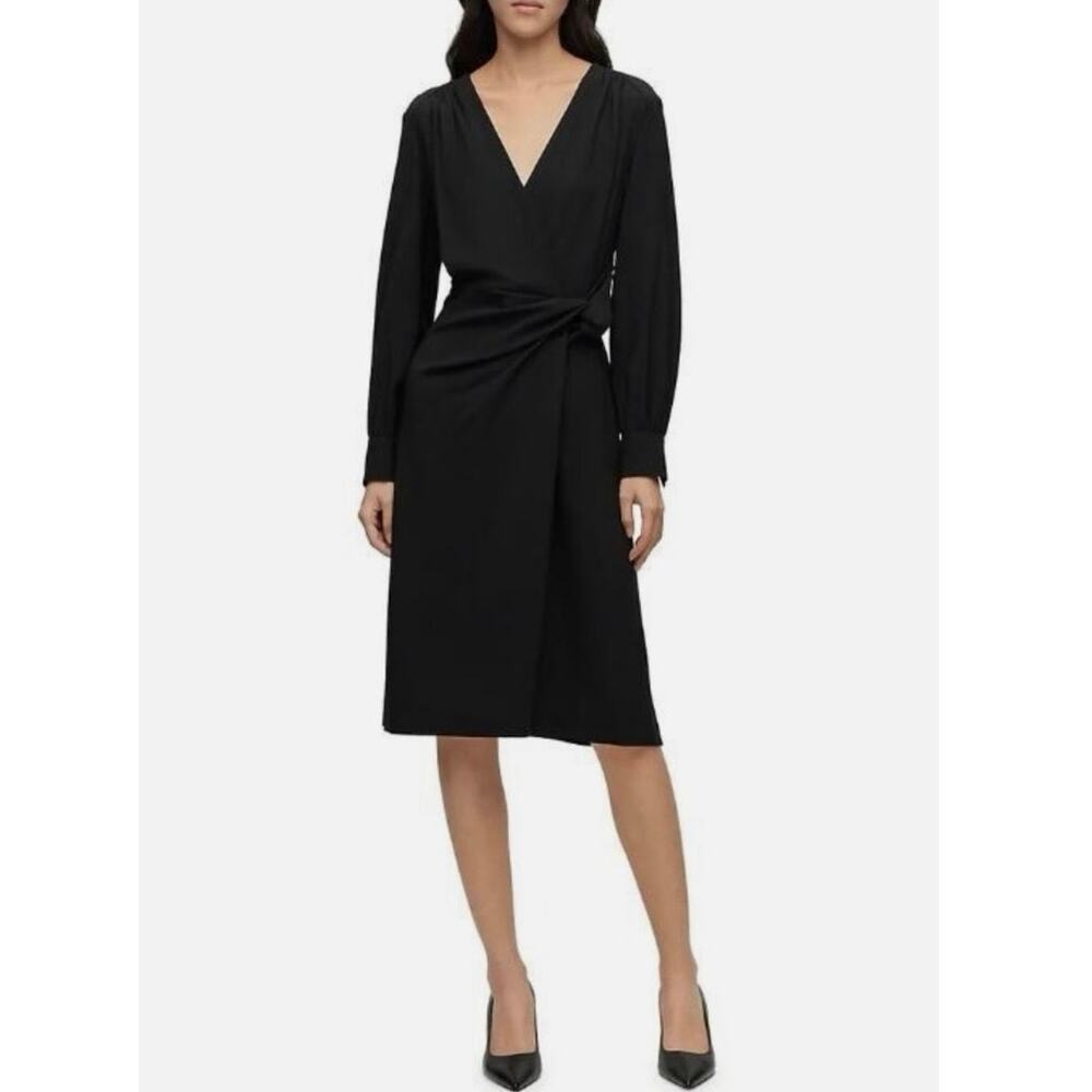 NWOT Women’s Boss Dojafa Wrap Front Long Sleeve Virgin Wool Dress in Black SZ 0